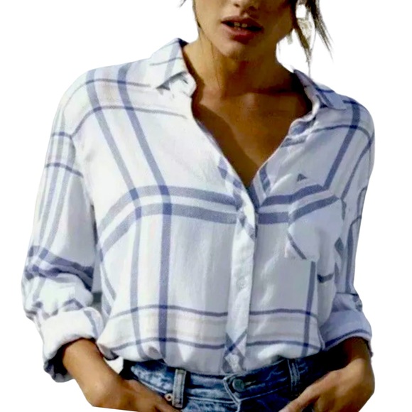 Rails x Anthropologie Hunter Plaid Indigo Powder Blush XS Blue Pink Buttondown - Picture 8 of 11